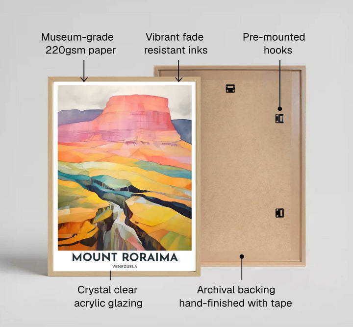 Vibrant abstract travel art print capturing the ethereal colors, sheer cliff faces, and ancient geology of Mount Roraima. Offered by MapYourDreams, customers can choose between standalone paper prints, ready-to-hang wooden frames, and gallery canvas wraps