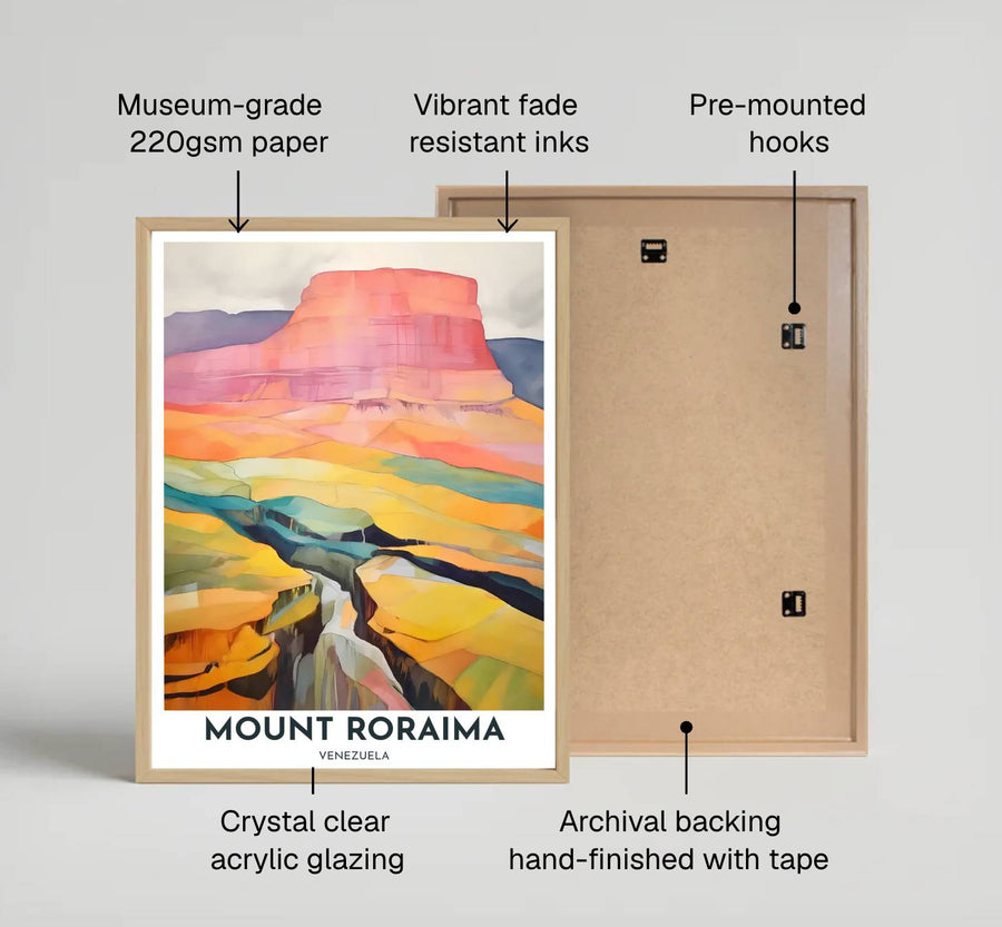Vibrant abstract travel art print capturing the ethereal colors, sheer cliff faces, and ancient geology of Mount Roraima. Offered by MapYourDreams, customers can choose between standalone paper prints, ready-to-hang wooden frames, and gallery canvas wraps