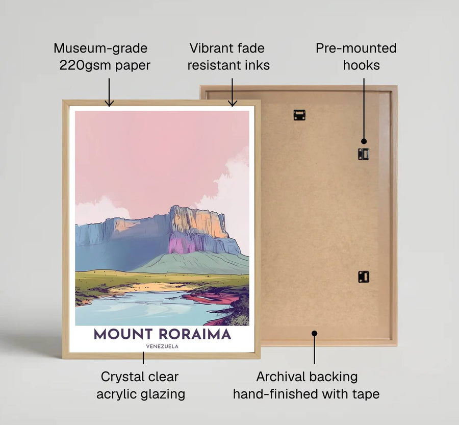 Peaceful travel art print capturing the quiet morning light, sheer cliff walls, and ancient geological scale of Mount Roraima. Offered by MapYourDreams, customers can choose between standalone paper prints, ready-to-hang wooden frames, and gallery canvas wraps.