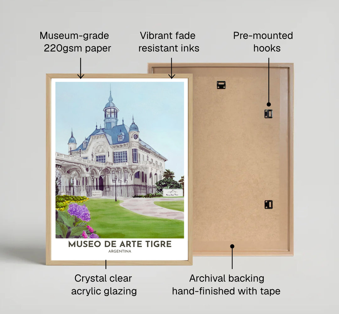 Fine art estate poster featuring white margin headers reading MUSEO DE ARTE TIGRE ARGENTINA beneath a beautiful watercolor mansion illustration. Available directly from MapYourDreams, this print comes in versatile mediums including roll-packed paper, custom frames, or canvas wraps.
