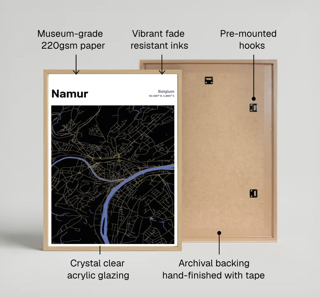 A sophisticated gold and blue city grid art print celebrating Namur, Belgium, perfect for executive offices, home libraries, or moody decor themes. Offered by MapYourDreams, this artwork is available in flexible options including unframed paper, custom wooden frames, and gallery canvas wraps.