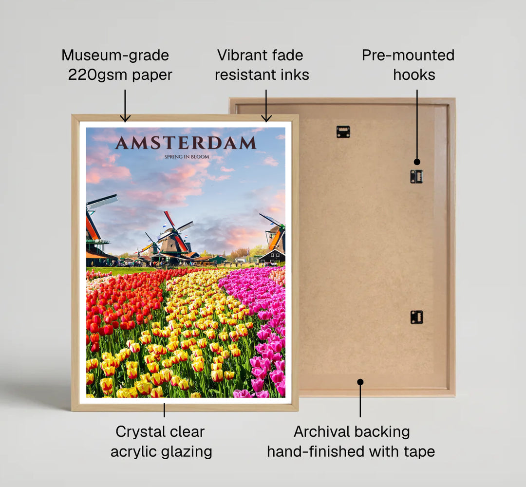Spring landscape poster of blooming tulip gardens and rustic windmills set against a powder blue sunset sky in Amsterdam Netherlands, crafted by MapYourDreams with format options like unframed paper prints, stretched gallery canvas, or custom framed art designed to enhance bright home spaces.