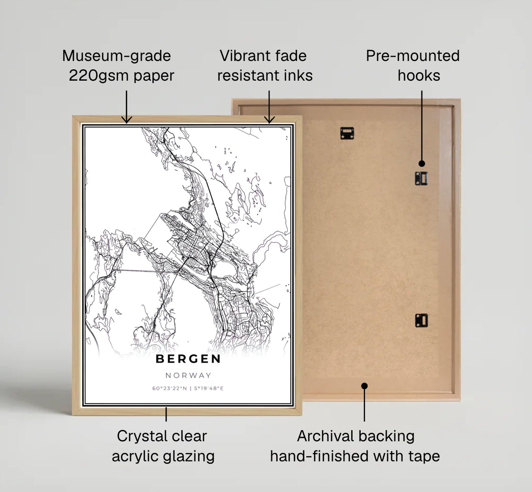 Modern Scandinavian city grid map artwork of Bergen Norway with clean geographic coordinates displayed at the bottom edge. Designed for modern living spaces, this travel print is offered in classic unframed paper art, durable stretched canvas, or sophisticated framed artwork configurations.