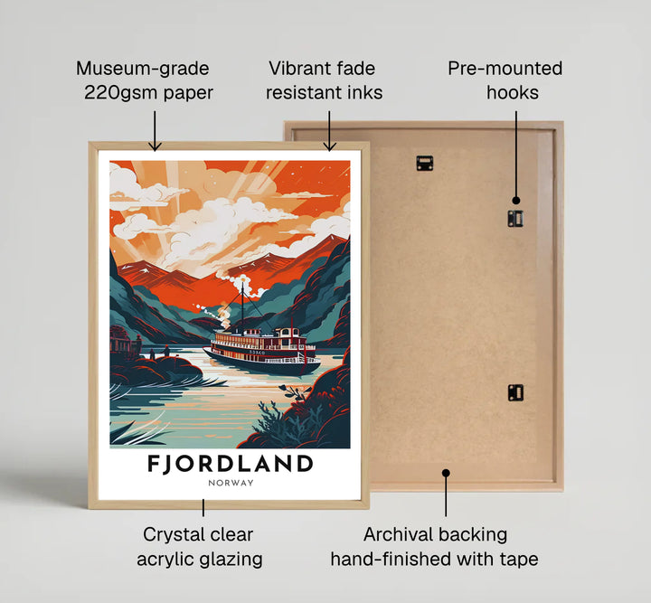 Warm retro travel poster showing a steamboat on a Norwegian fjord with majestic mountain peaks lit by golden sunset rays. Designed for modern living spaces, this artwork is offered in classic unframed paper art, durable stretched canvas, or sophisticated framed artwork configurations.