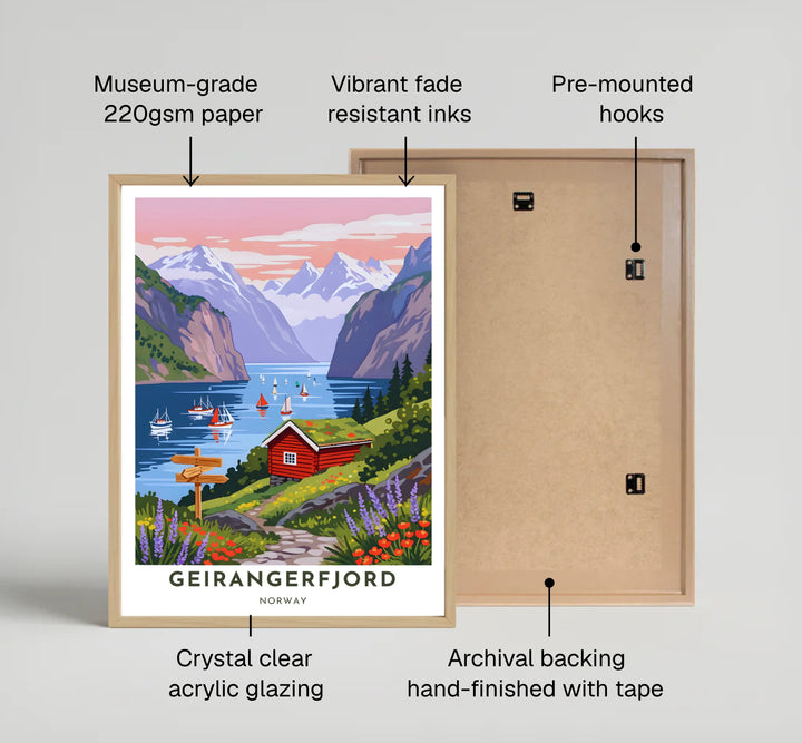 Colorful Scandinavian travel poster showing sailboats gliding across Geirangerfjord Norway framed by steep mountain ridges and a glowing dusk sky. Designed for modern living spaces, this artwork is offered in classic unframed paper art, durable stretched canvas, or sophisticated framed artwork configurations.
