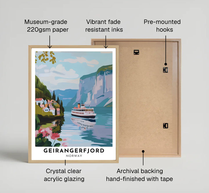 Scenic Nordic transit art illustrating a retro ferry traveling through Geirangerfjord Norway beneath sheer mountain walls and waterfalls. A stylish decor choice, this artwork is available in simple unframed poster paper, protective framed art displays, and stretched canvas wraps.