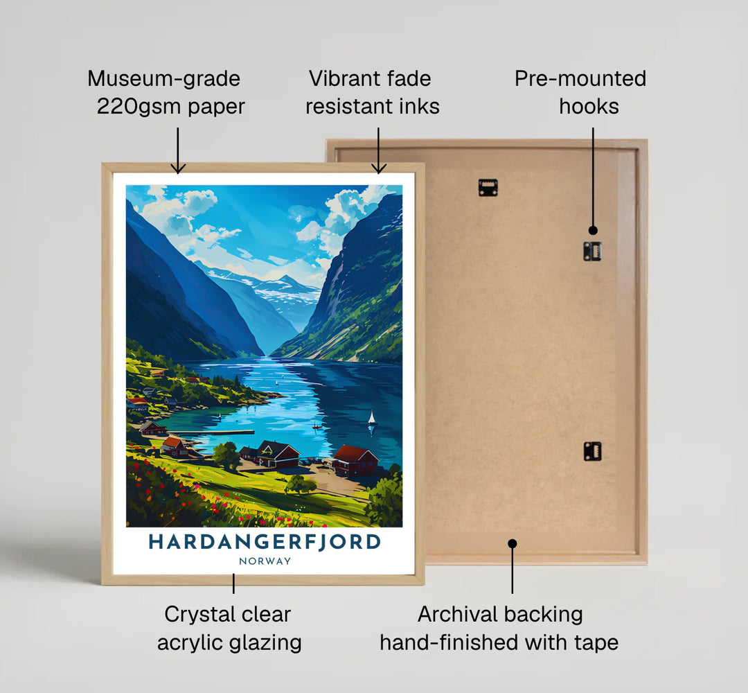Scenic Nordic summer print illustrating Hardangerfjord Norway with sailboats resting on calm waters amidst steep mountain valleys. A thoughtful decor choice, this artwork is available in simple unframed poster paper, protective framed art displays, and stretched canvas wraps.