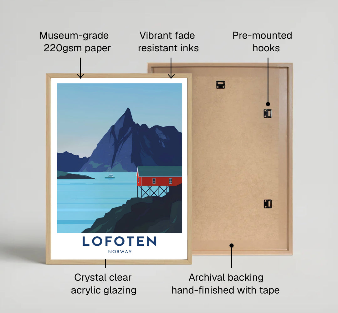 Nordic vector wall art displaying a red fishing cabin perched on rocks beside calm fjord waters and a dramatic mountain peak in Lofoten Norway. Available through MapYourDreams, this print can be ordered as an unframed art paper option, solid wood framed print, or floating canvas wall display.