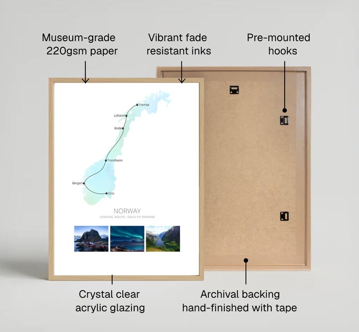 Nordic travel map display depicting the scenic fjord route from Oslo to Tromsø across an aurora green landmass silhouette. Available through MapYourDreams, this print can be ordered as an unframed art paper option, solid wood framed print, or floating canvas wall display.