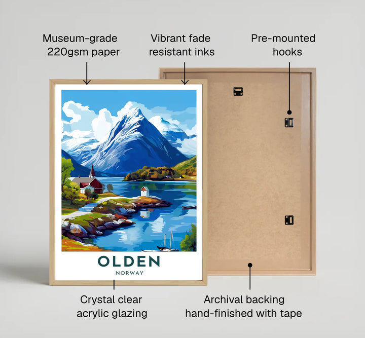 Nordic landscape art print capturing the scenic village of Olden in Norway with its classic red boathouses and towering snow-dusted summit. Available through MapYourDreams, choose between simple unframed paper prints, custom framed wall art displays, or premium stretched canvas panels.