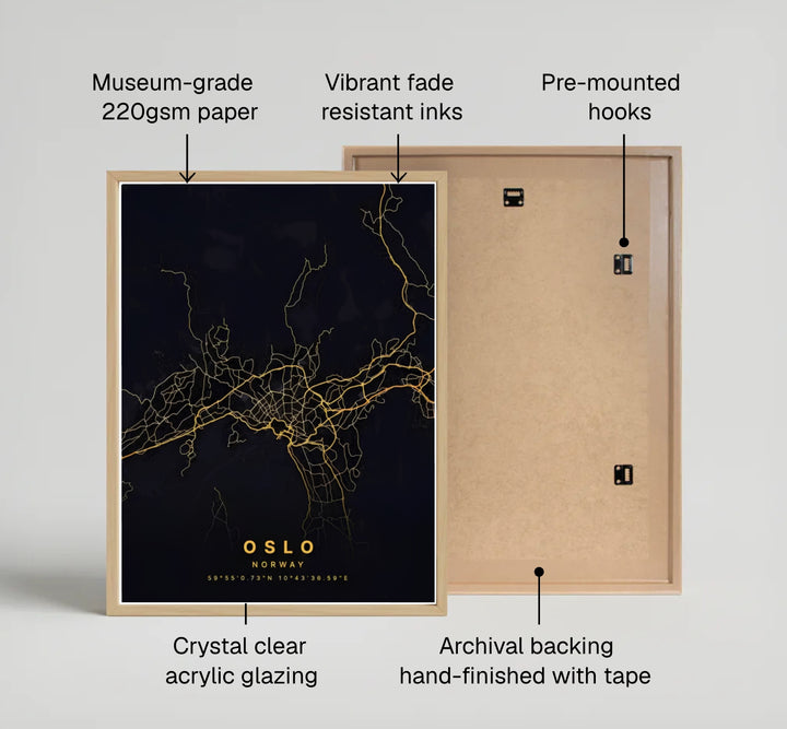 High-contrast cartography print showcasing the Oslo Norway capital city street network and water boundaries in metallic gold over black. Available from MapYourDreams, choose between simple unframed paper prints, custom framed wall art displays, or premium stretched canvas panels.