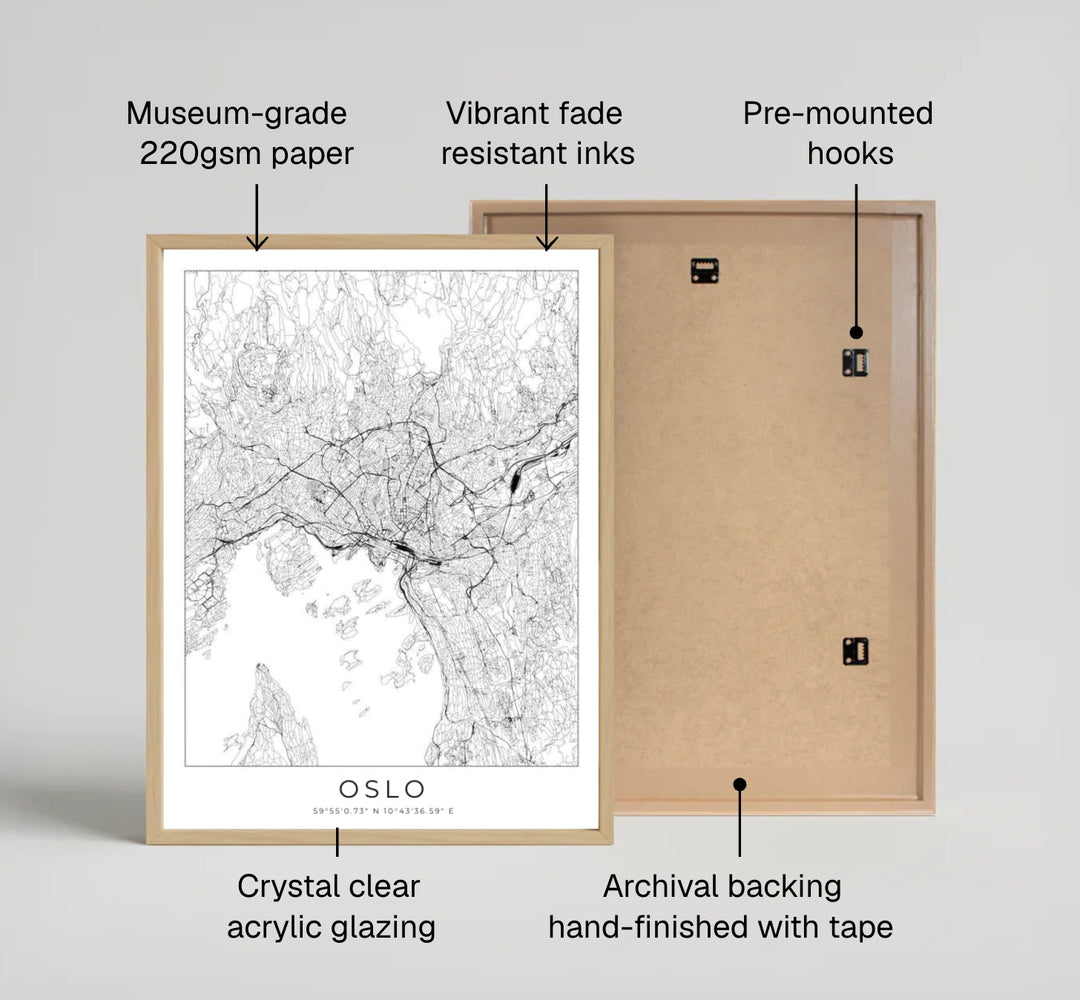 High-definition city grid print showcasing Oslo Norway thoroughfares and waterfront landmasses in a minimalist black and white style. Available from MapYourDreams, choose between simple unframed paper prints, custom framed wall art displays, or premium stretched canvas panels.