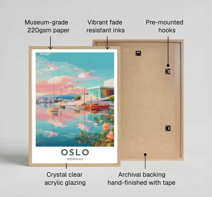 High-definition pastel landscape print of the Oslo Opera House featuring elegant sailboat silhouettes and vibrant sky gradients. Available from MapYourDreams, this fine print comes in sleek framed styles, archival unframed prints, and stretched canvas options.