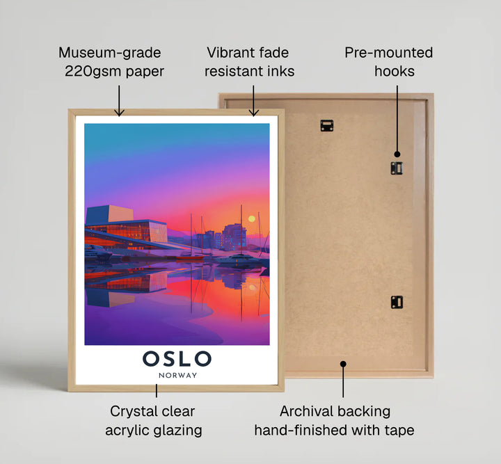 High-contrast twilight city print displaying the Oslo Opera House and marina boats bathed in warm evening sunlight along the Norwegian coast. Available from MapYourDreams, choose between simple unframed paper prints, custom framed wall art displays, or premium stretched canvas panels.