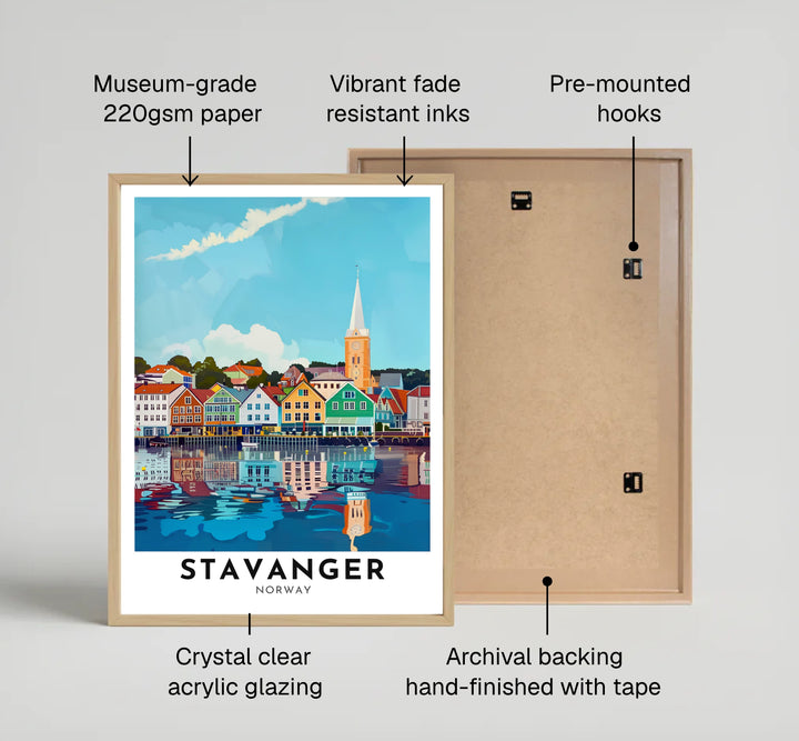 High-definition coastal landscape print showcasing the historic harbor front of Stavanger Norway with bright timber storehouses bathed in sunlight. Available from MapYourDreams, choose between simple unframed paper prints, custom framed wall art displays, or premium stretched canvas panels.