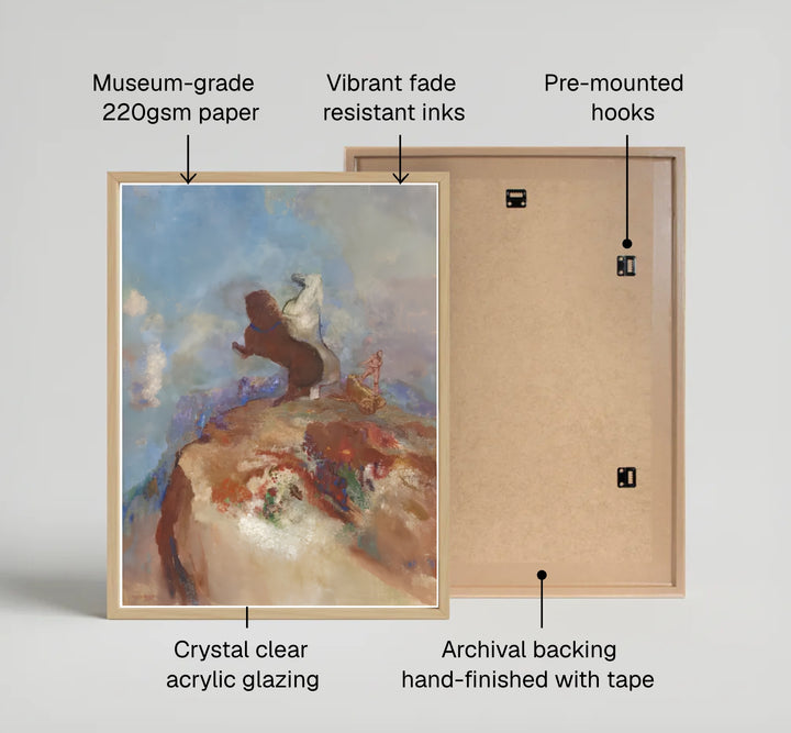 Archival fine art celestial print of Odilon Redon Apollo In His Chariot 1905 displayed at Rijksmuseum Amsterdam with realistic cloud textures. MapYourDreams features quality framed wall decor, unframed posters, and stretched canvas options designed for neutral and modern interior layouts.