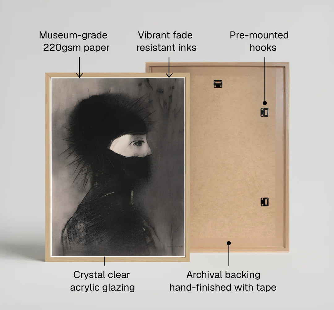 Archival fine art profile study of Odilon Redon Armor 1891 displayed at The Metropolitan Museum of Art in New York with delicate grey background washes. MapYourDreams features quality framed wall decor, unframed posters, and stretched canvas prints designed for modern interior layouts.