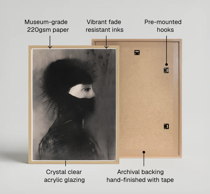 Archival fine art profile study of Odilon Redon Armor 1891 displayed at The Metropolitan Museum of Art in New York with delicate grey background washes. MapYourDreams features quality framed wall decor, unframed posters, and stretched canvas prints designed for modern interior layouts.
