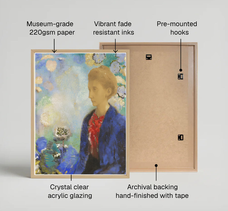 Showcasing the visionary pastel technique of Odilon Redon, this 1900 artwork immortalizes Baronne de Domecy in an enchanting dreamscape filled with floral wonders. MapYourDreams offers this gallery-worthy print in diverse presentation styles, encompassing traditional paper posters, custom frames in various wood and metallic tones, and premium stretched canvas wraps.