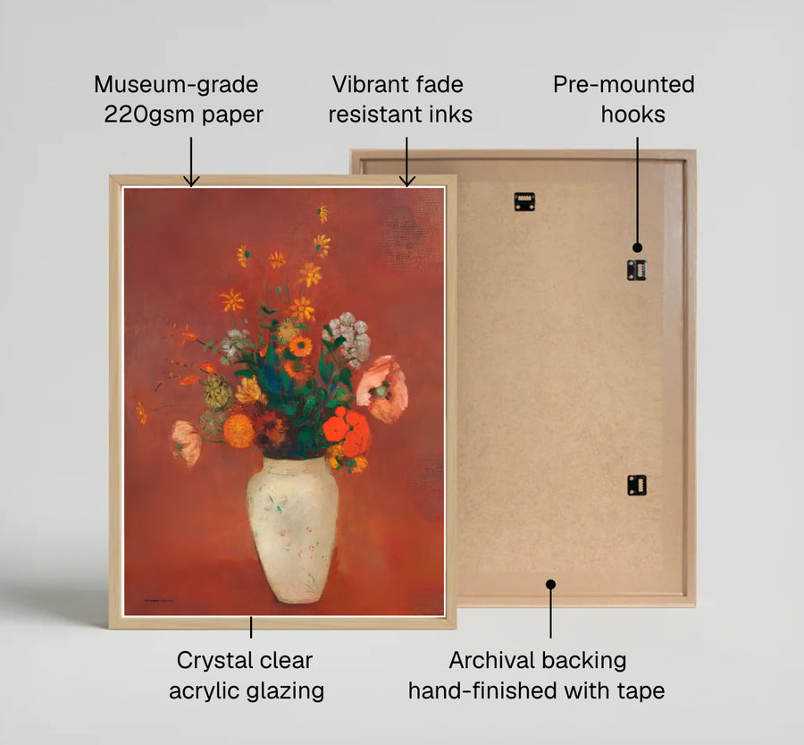 Showcasing the visionary brushwork of Odilon Redon, this historic artwork immortalizes a vibrant floral bouquet within a softly decorated white ceramic vase. MapYourDreams offers this gallery-worthy print in diverse presentation styles, encompassing traditional paper posters, custom frames in various wood and metallic tones, and premium stretched canvas wraps.