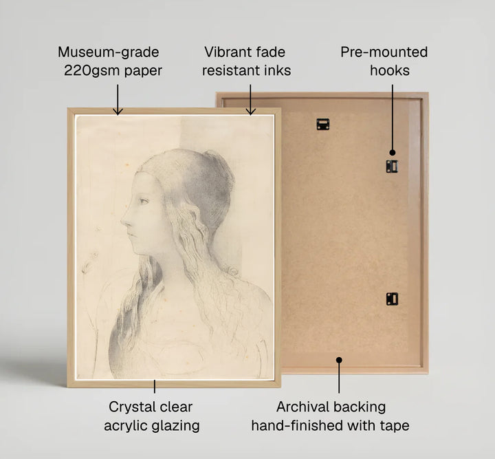 Showcasing the visionary drafting technique of Odilon Redon, this historic National Gallery artwork immortalizes a legendary literary heroine with profound grace. MapYourDreams offers this gallery-worthy print in diverse presentation styles, encompassing traditional paper posters, custom frames in various wood and metallic tones, and premium stretched canvas wraps.
