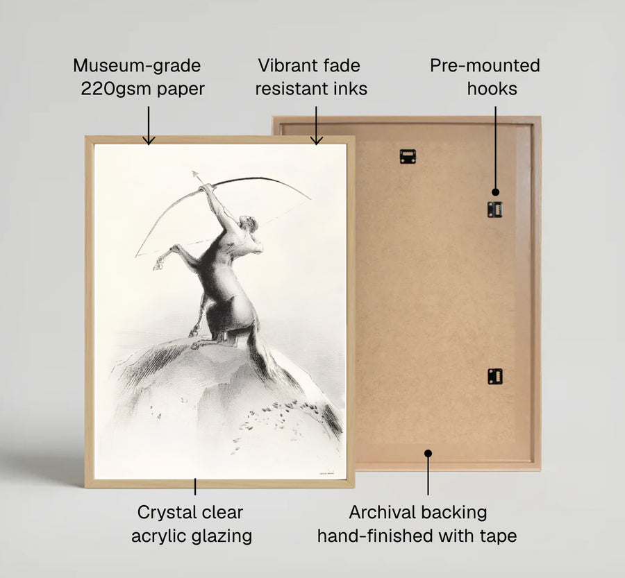 Vintage monochrome wall art depicting Odilon Redon’s 1895 lithograph Centaur Aiming At The Clouds. Ideal for home libraries or offices, MapYourDreams lets you choose between unframed fine art paper, custom picture framing, and gallery-wrapped canvas art.