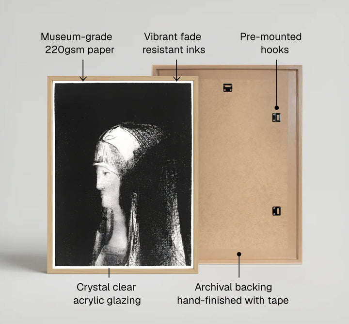 Dramatic profile study of Druidesse in 1891 by French artist Odilon Redon, showcasing brilliant light and shadow contrasts. Display preferences include durable unframed art paper, custom metallic or wooden frames, and textured stretched canvas finishes.