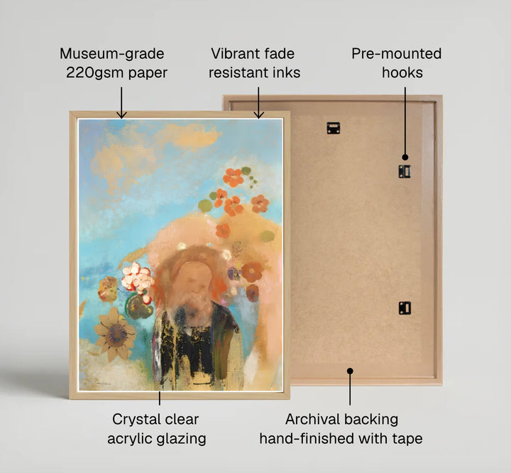 Delicate pastel landscape study in Evocation Of Roussel 1912 by French artist Odilon Redon, showcasing brilliant turquoise and golden hues. Display preferences include durable unframed art paper, custom metallic or wooden frames, and textured stretched canvas finishes.