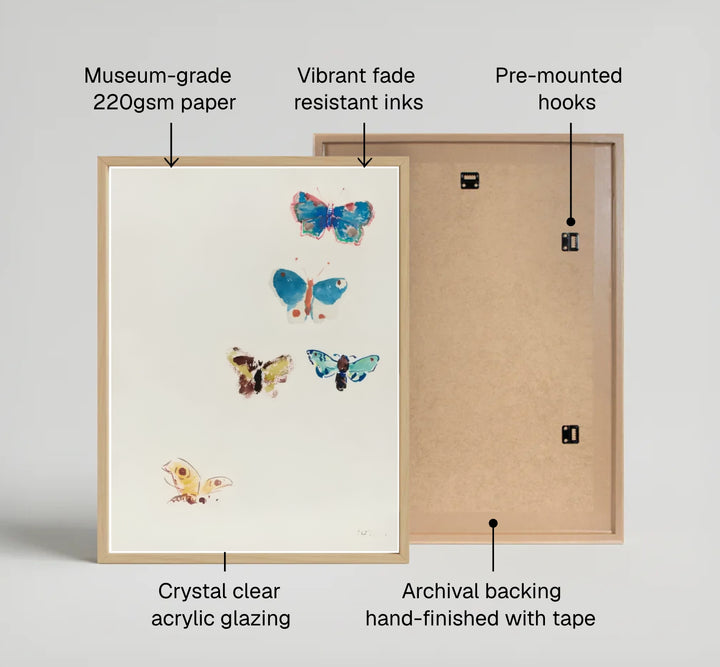 Delicate botanical profile artwork in Five Butterflies 1910 by French artist Odilon Redon, showcasing brilliant turquoise and golden hues. Display preferences include durable unframed art paper, custom metallic or wooden frames, and textured stretched canvas finishes.