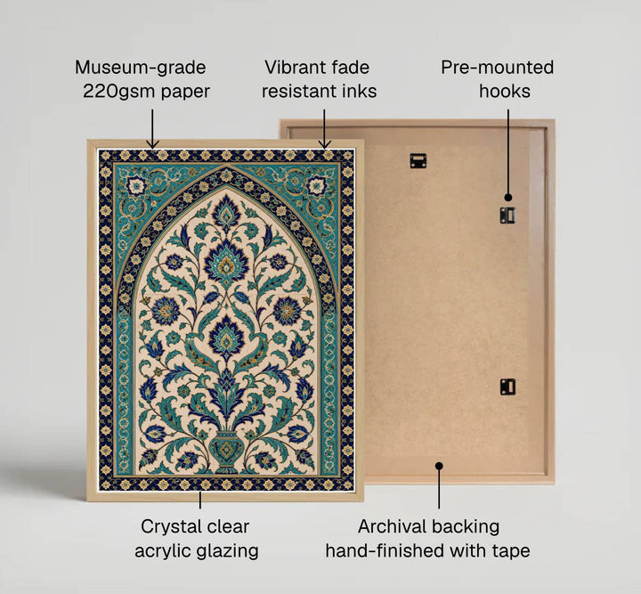 Fine art tilework print of Ottoman Iznik tile arch printed on premium 220gsm professional matte archival paper stock. Distributed by MapYourDreams, this artwork is available in flexible options including unframed paper, custom wooden frames, and gallery canvas wraps for stylish wall decor.