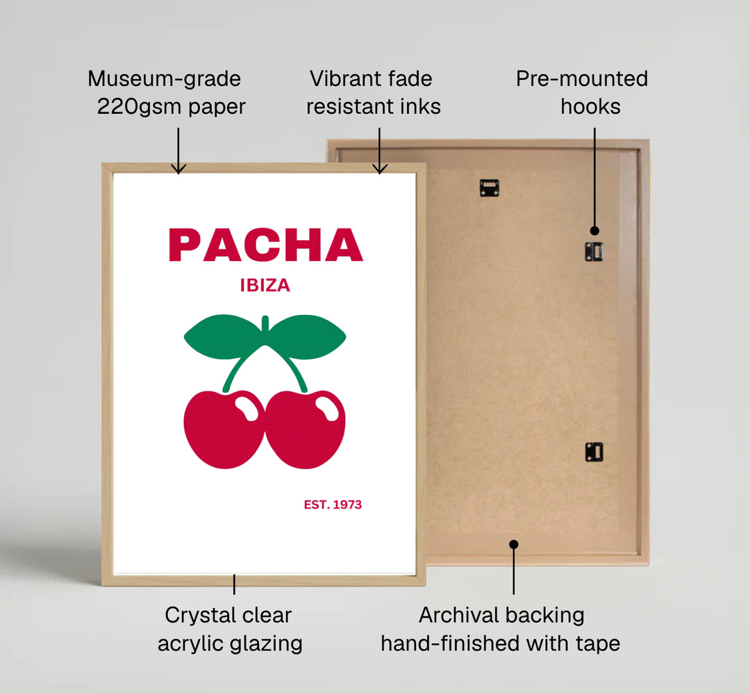Spanish island dance culture poster highlighting iconic red fruit graphics for Pacha in Ibiza, Spain, produced by MapYourDreams with selections including unframed fine art paper, stretched gallery canvas, or custom frames in luxury gold, bronze, and silver finishes.