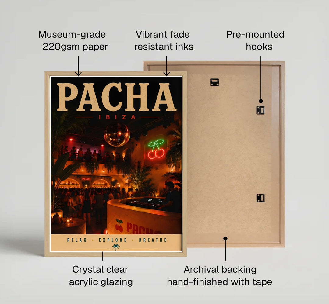 Spanish island nightlife wall art poster depicting red neon cherry emblem inside the iconic club at Pacha in Ibiza, Spain, produced by MapYourDreams with selections including unframed fine art paper, stretched gallery canvas, or custom frames in luxury gold, bronze, and silver finishes.