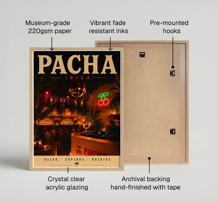 Spanish island nightlife wall art poster depicting red neon cherry emblem inside the iconic club at Pacha in Ibiza, Spain, produced by MapYourDreams with selections including unframed fine art paper, stretched gallery canvas, or custom frames in luxury gold, bronze, and silver finishes.