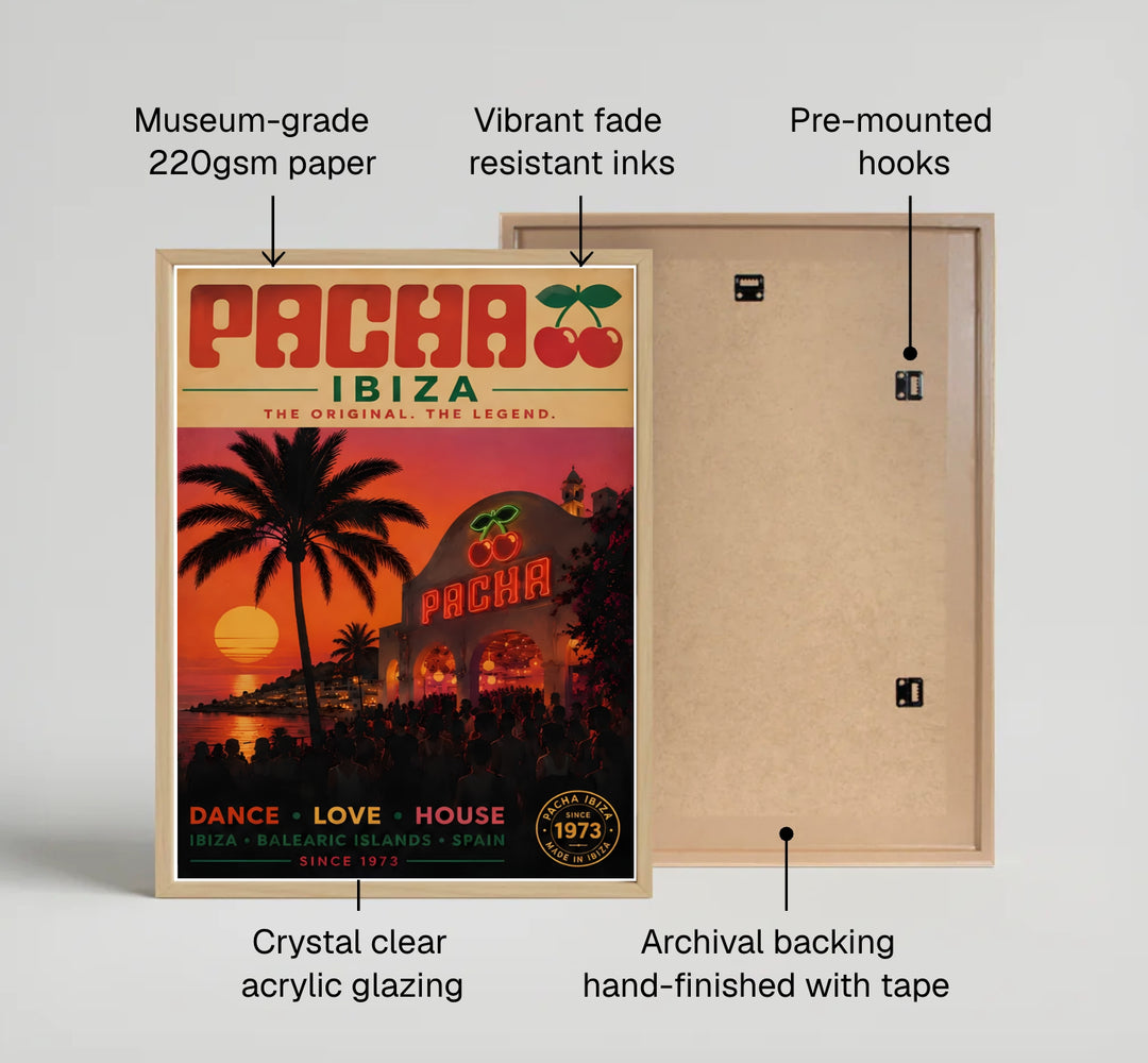 House music origin poster illustrating Pacha Ibiza since 1973 with tropical palms, setting sun, and vintage text headers, crafted by MapYourDreams as an unframed print, stretched gallery canvas, or custom framed poster for studio interiors.