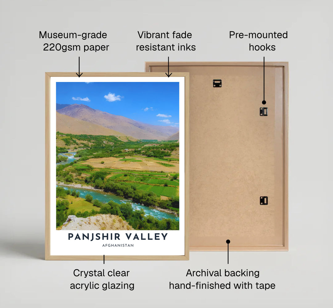 Breathtaking landscape wall print of Panjshir Valley, Afghanistan, displaying turquoise water paths, emerald crops, and high mountain peaks. Crafted by MapYourDreams as an unframed art print, a stretched canvas wall decor item, or a custom framed wall print in pure gold and silver frames to elevate hallway spaces.
