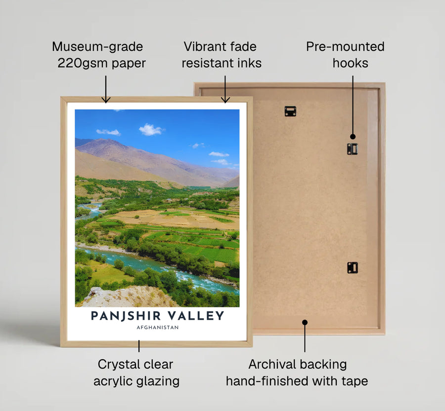 Breathtaking landscape wall print of Panjshir Valley, Afghanistan, displaying turquoise water paths, emerald crops, and high mountain peaks. Crafted by MapYourDreams as an unframed art print, a stretched canvas wall decor item, or a custom framed wall print in pure gold and silver frames to elevate hallway spaces.