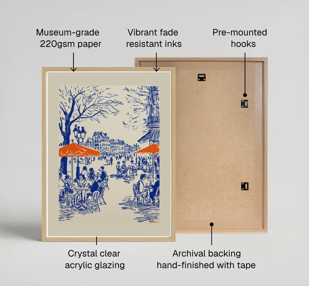 Minimalist French city street line art print depicting a coffee shop terrace and Haussmann buildings in Paris France. Offered as unframed prints, gallery canvas, or framed wall decor at MapYourDreams.