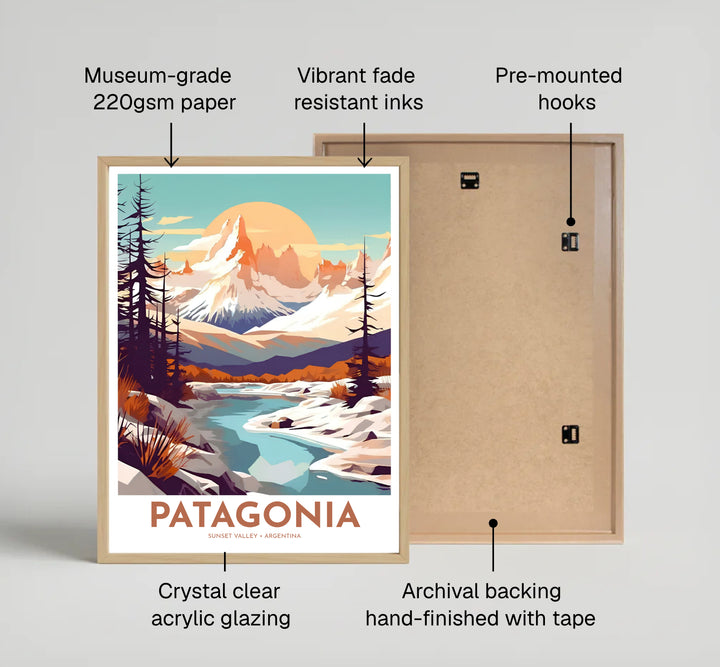 A peaceful glacier stream flows through the snowy Mount Fitz Roy landscape in this Patagonia Sunset Mountain Art Print, offered through MapYourDreams with selection flexibility across unframed fine art paper, hand-crafted wooden frames, and gallery canvas.