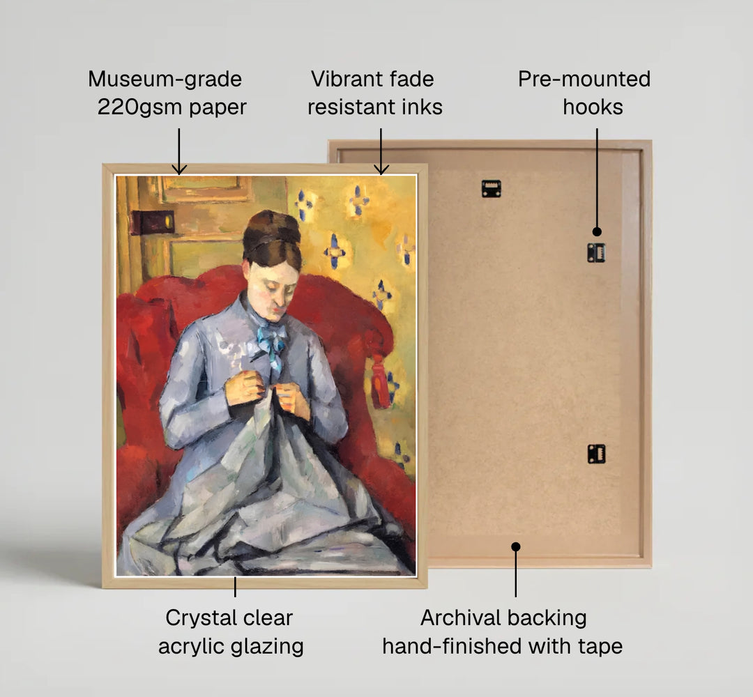 Impressionist home portrait poster print of Paul Cezanne Madame Cezanne Sewing 1877 showcasing balanced color contrast in Paris France. MapYourDreams features high-quality framed wall decor, unframed prints, and stretched canvas options ideal for warm bedroom wall decoration.
