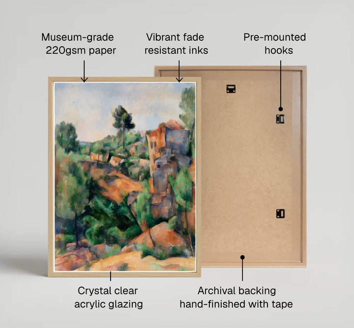 Impressionist rock formation poster print of Paul Cezanne Bibemus Quarry 1895 showcasing faceted brushwork in Aix-en-Provence France. MapYourDreams features high-quality framed wall decor, unframed prints, and stretched canvas options ideal for modern living room wall decoration.