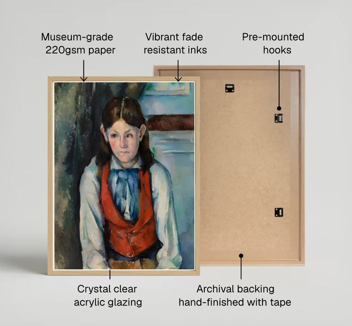 Impressionist boy portrait poster print of Paul Cezanne Boy In A Red Vest 1888 showcasing balanced color contrast in Paris France. MapYourDreams features high-quality framed wall decor, unframed prints, and stretched canvas options ideal for classic living room wall decoration.