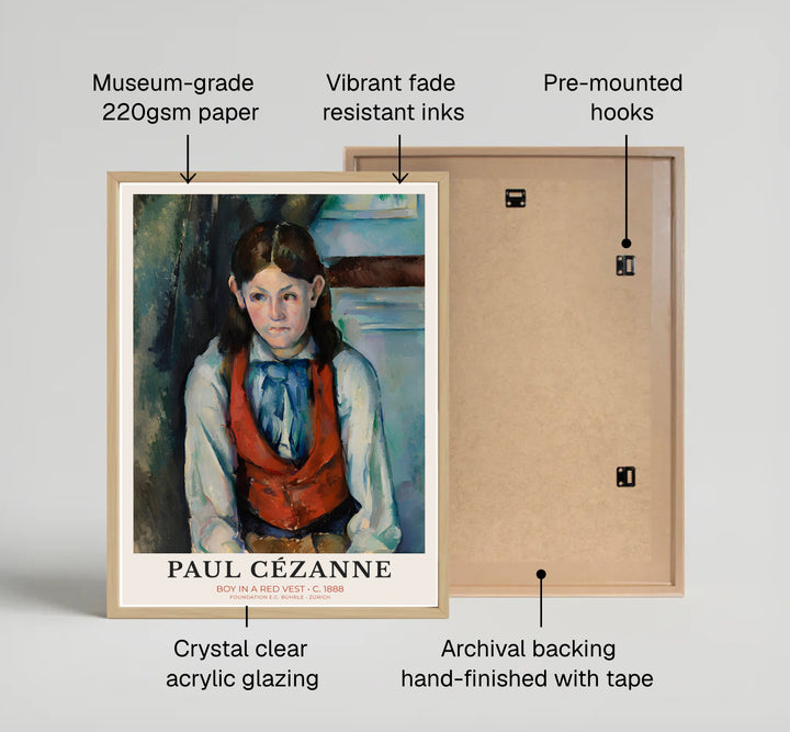 Fine art wall decor poster print of Paul Cezanne Boy In Red Vest 1888 displaying detailed white shirt folds and typography in Paris France. MapYourDreams supplies custom framed paper prints, unframed posters, and gallery stretched canvas art suitable for artistic home layouts.