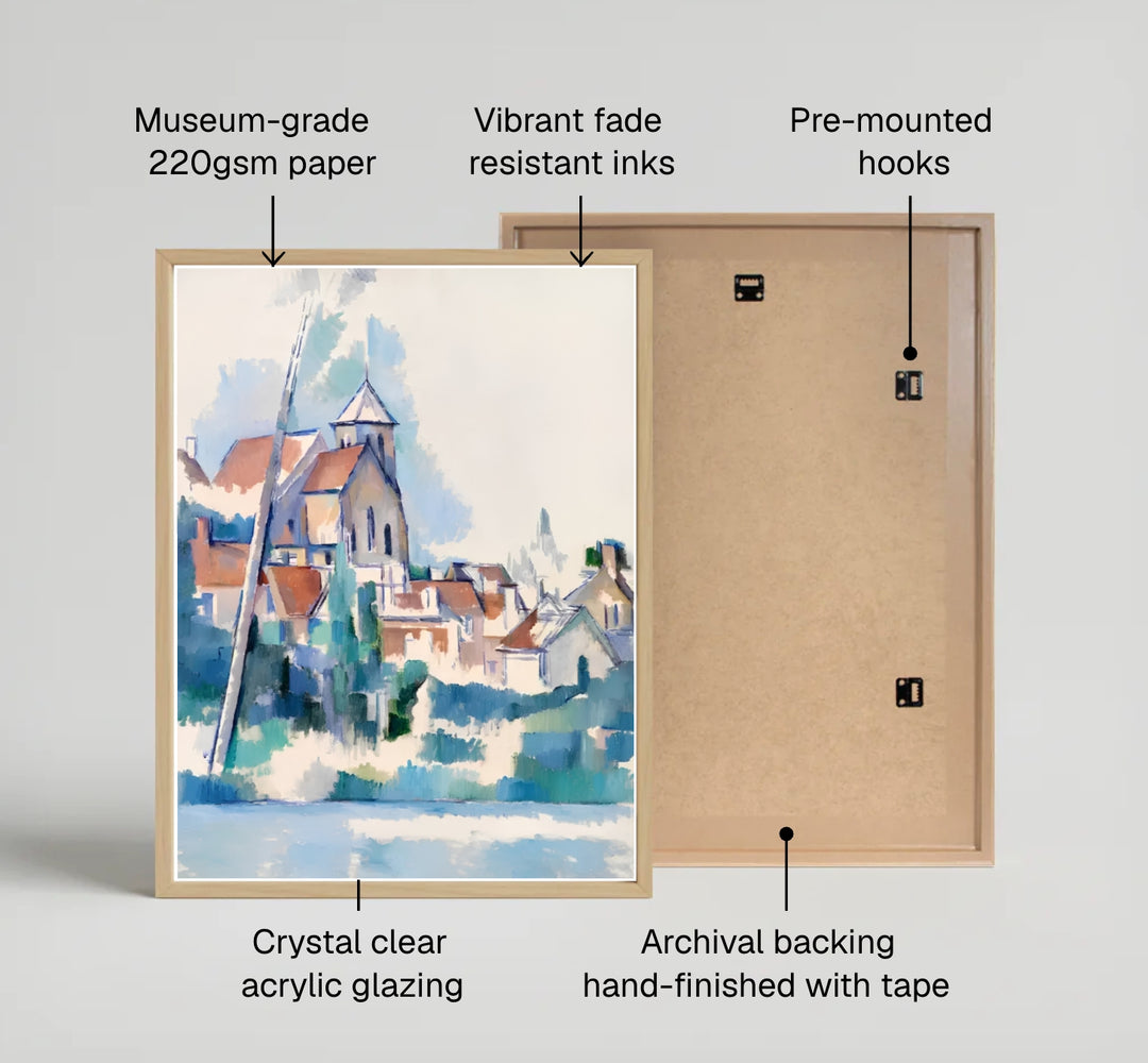 Fine art wall decor print of Paul Cezanne Church At Montigny Sur Loing 1898 displaying geometric village roofs and church spire in France. MapYourDreams supplies custom framed paper prints, unframed posters, and gallery stretched canvas art suitable for natural artistic home layouts.