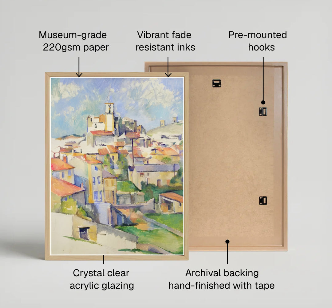 Fine art wall decor print of Paul Cezanne Gardanne 1885 displaying geometric stone buildings and bell tower in Gardanne France. MapYourDreams supplies custom framed paper prints, unframed posters, and gallery stretched canvas art suitable for artistic home layouts.