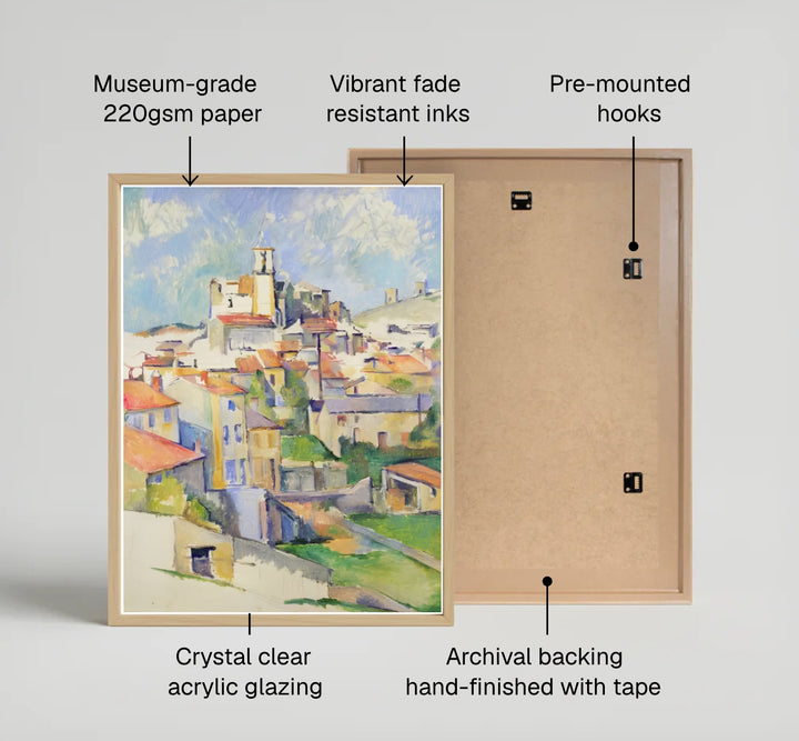 Fine art wall decor print of Paul Cezanne Gardanne 1885 displaying geometric stone buildings and bell tower in Gardanne France. MapYourDreams supplies custom framed paper prints, unframed posters, and gallery stretched canvas art suitable for artistic home layouts.
