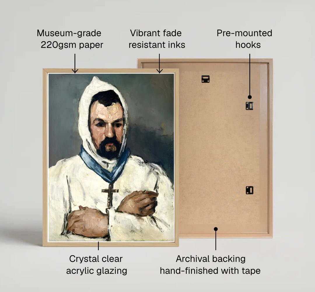 Fine art wall decor print of Paul Cezanne Uncle Dominique As A Monk 1866 displaying bold sculptural forms in Aix-en-Provence France. MapYourDreams supplies custom framed paper prints, unframed posters, and gallery stretched canvas art suitable for moody artistic home layouts.