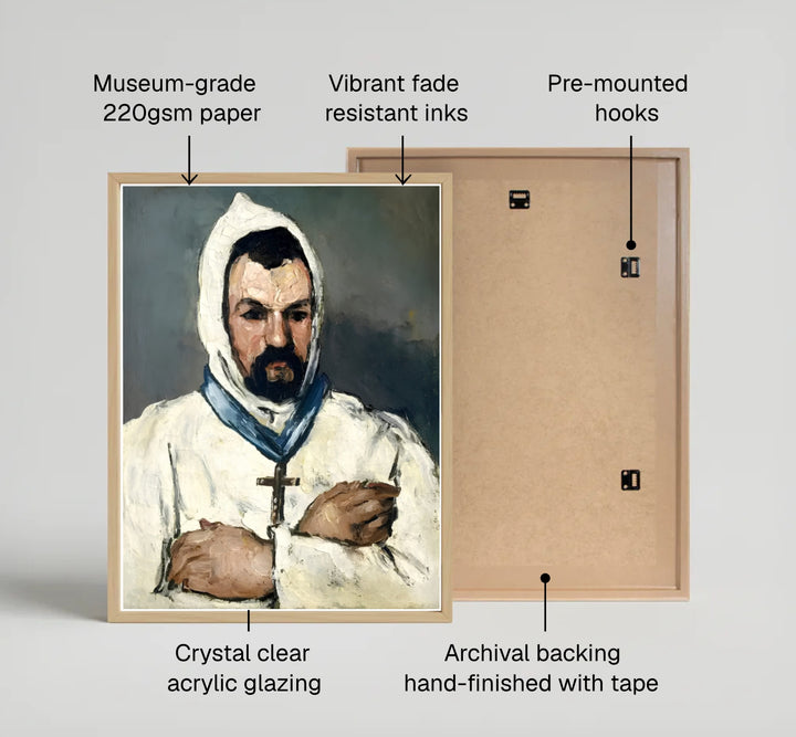 Fine art wall decor print of Paul Cezanne Uncle Dominique As A Monk 1866 displaying bold sculptural forms in Aix-en-Provence France. MapYourDreams supplies custom framed paper prints, unframed posters, and gallery stretched canvas art suitable for moody artistic home layouts.