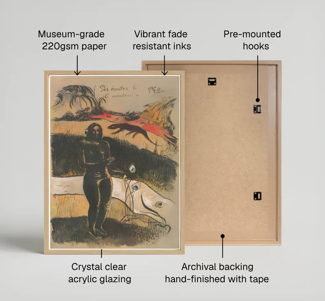 Scenic Post-Impressionist woodcut poster print of Paul Gauguin Delightful Land Nave Nave Fenua 1894 set against ochre tones in Tahiti, French Polynesia. MapYourDreams features high-quality framed wall decor, unframed prints, and stretched canvas options ideal for library wall decoration.