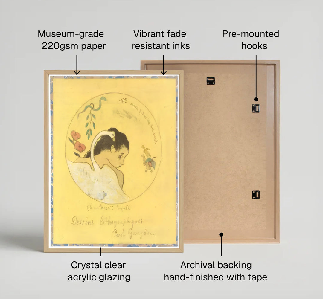 Scenic Post-Impressionist lithograph poster print of Paul Gauguin Design For A Plate 1889 set against canary yellow tones in Brittany, France. MapYourDreams features high-quality framed wall decor, unframed prints, and stretched canvas options ideal for home office decoration.