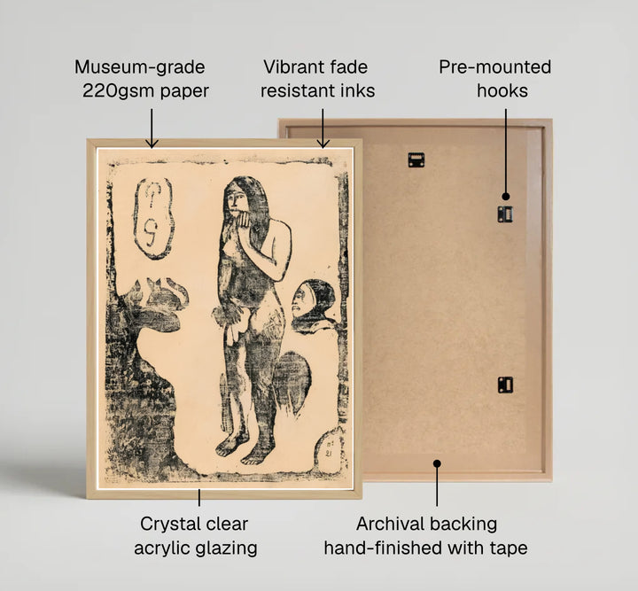 Scenic Post-Impressionist woodcut poster print of Paul Gauguin Eve Suite Of Late Woodblocks 1898 set against parchment tones in Tahiti, French Polynesia. MapYourDreams features high-quality framed wall decor, unframed prints, and stretched canvas options ideal for study wall decoration.